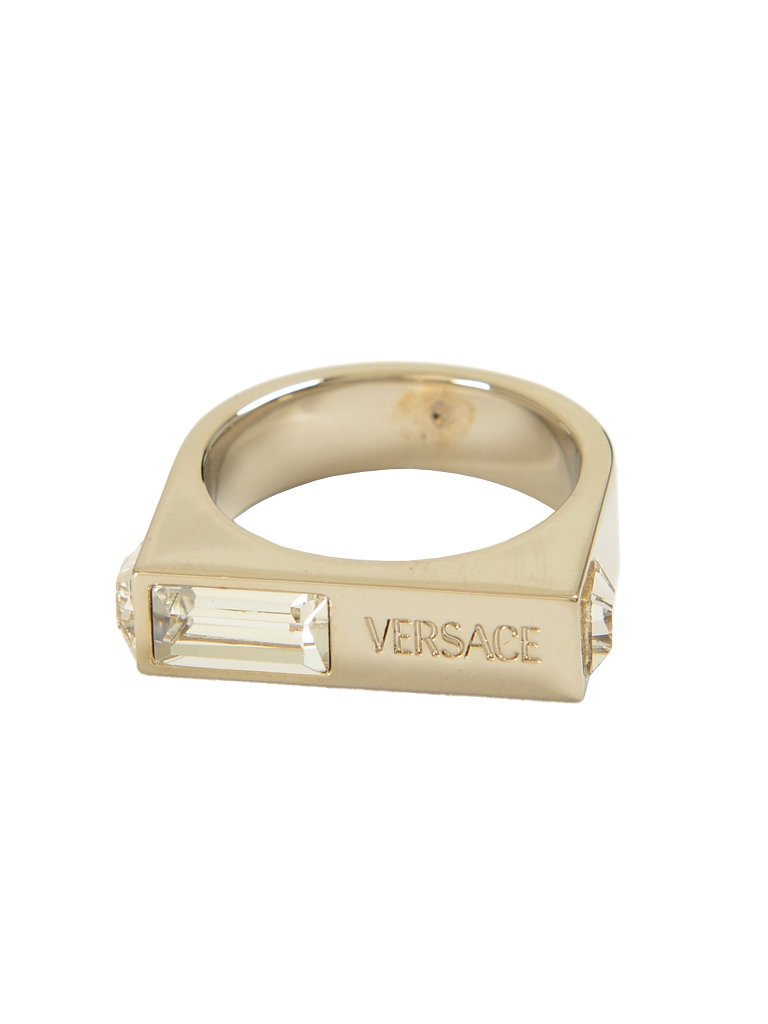 Versace Silver Color Metal & Strass Logo Engraved Statement Ring Italy Sz 27